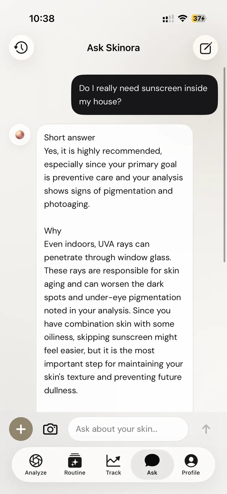 Ask Skinora providing a contextual answer about sunscreen
