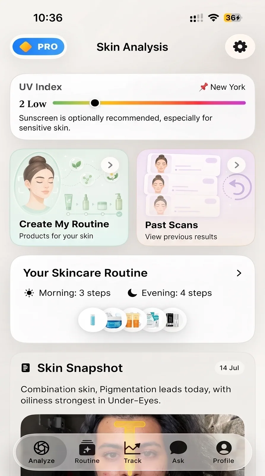 Skinora home screen with UV context, routine overview, and skin snapshot