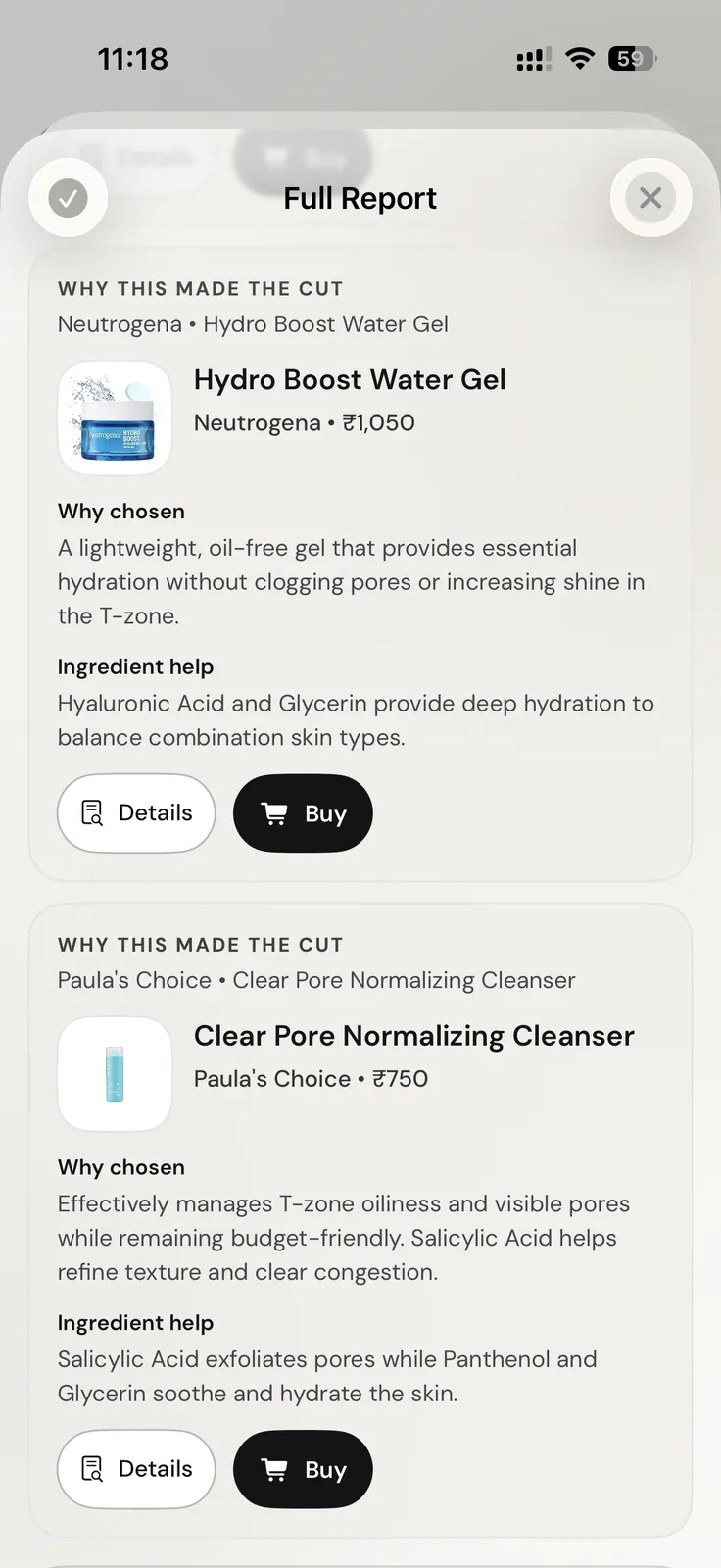 Skinora product recommendations with selection and ingredient reasoning