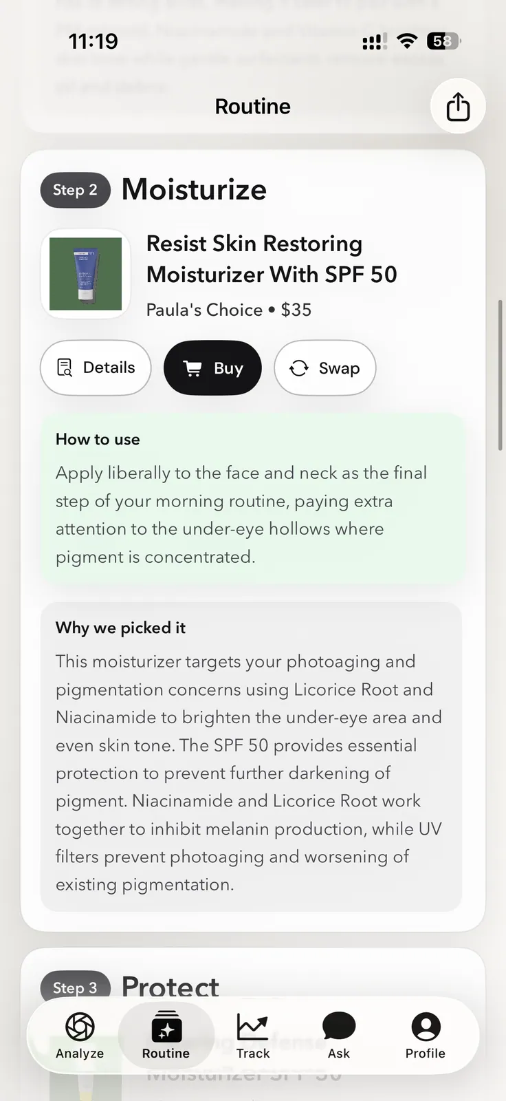 Skinora routine detail explaining how and why to use a moisturizer