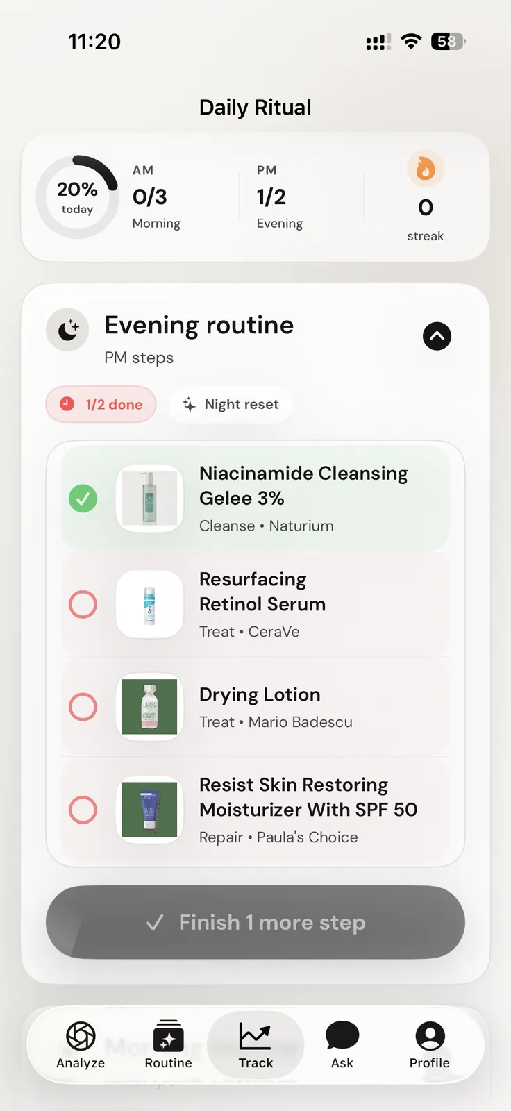 Skinora Daily Ritual tracker showing routine completion