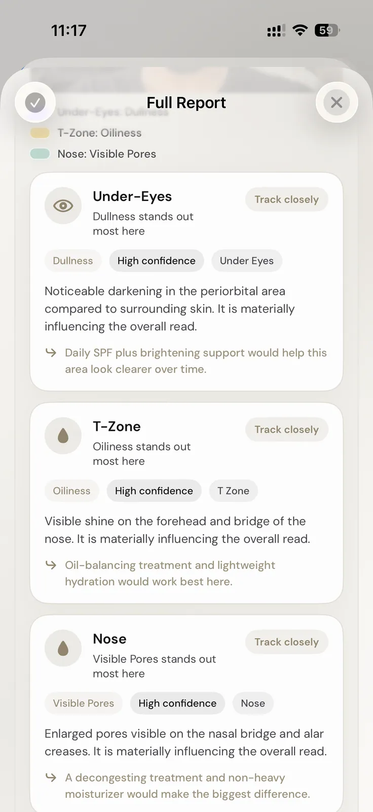 Skinora report showing clear visible skin priorities